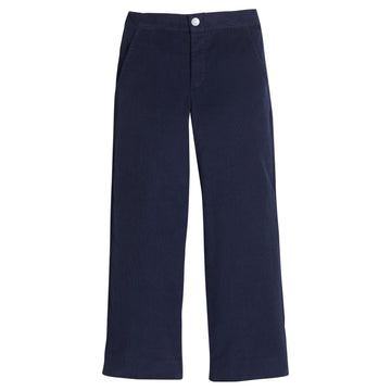 Little English classic pull on pants for little boys. Navy blue corduroy pant with elastic waistband in back and faux button front.