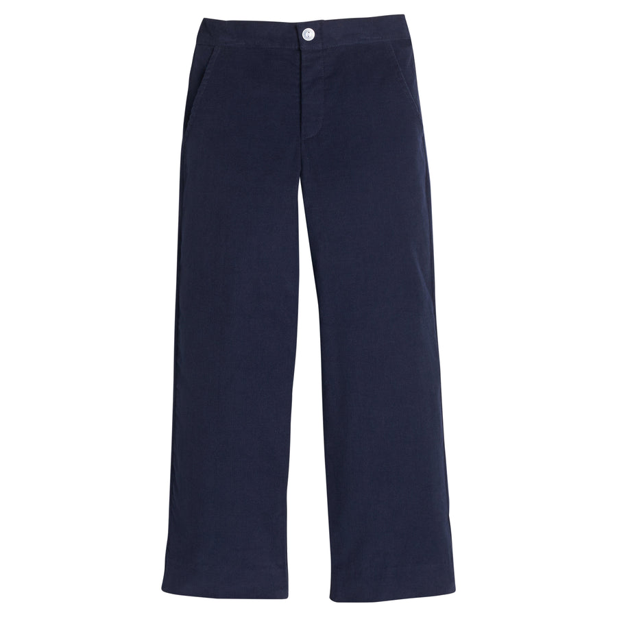 Little English classic pull on pants for little boys. Navy blue corduroy pant with elastic waistband in back and faux button front.