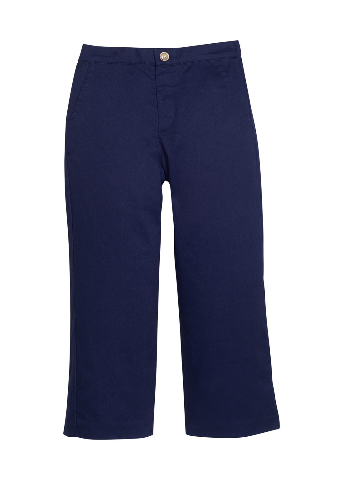Little English classic pull on pants for little boys. Navy blue twill pant with elastic waistband in back and faux button front.