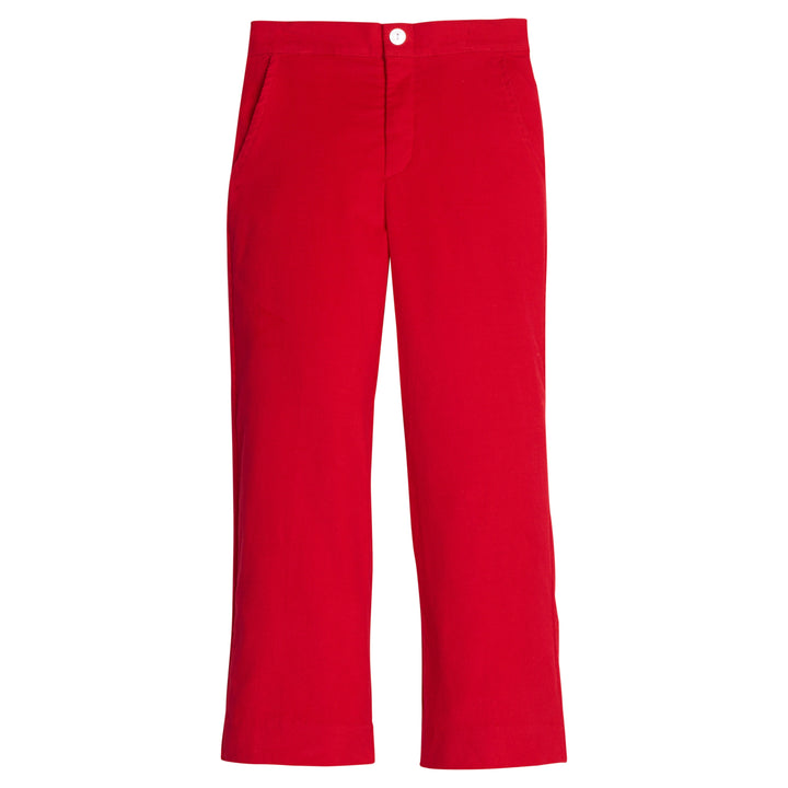 Little English classic pull on pants for little boys. Red corduroy pant with elastic waistband in back and faux button front.