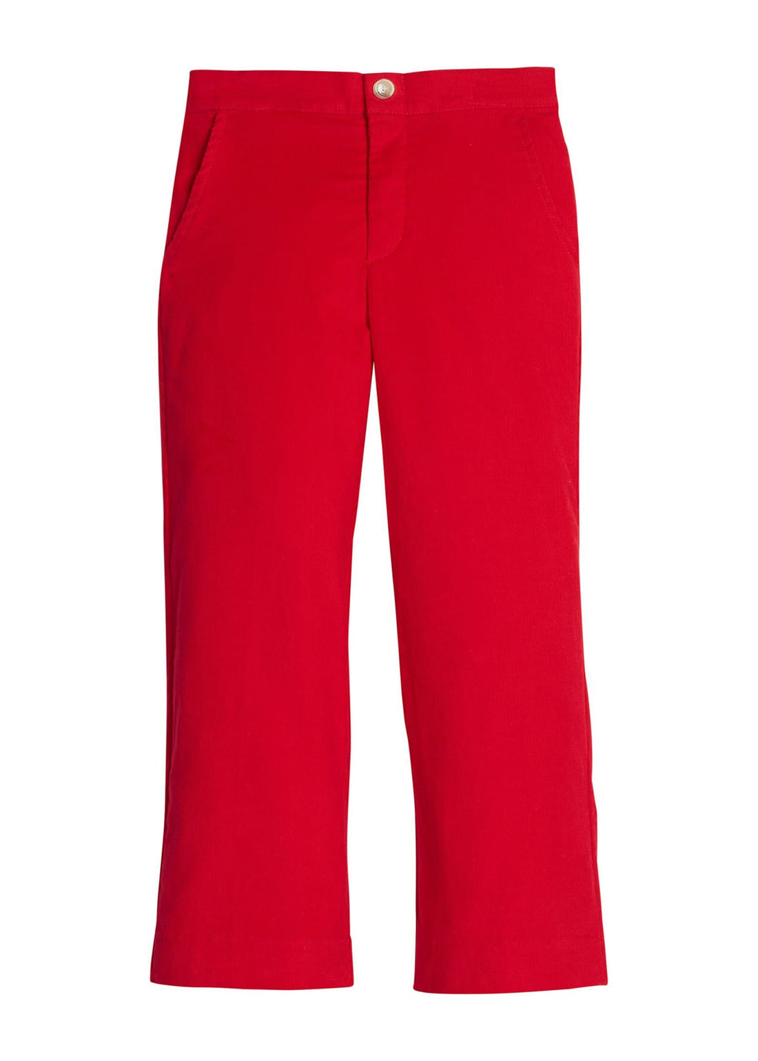 Little English classic pull on pants for little boys. Red corduroy pant with elastic waistband in back and faux button front.