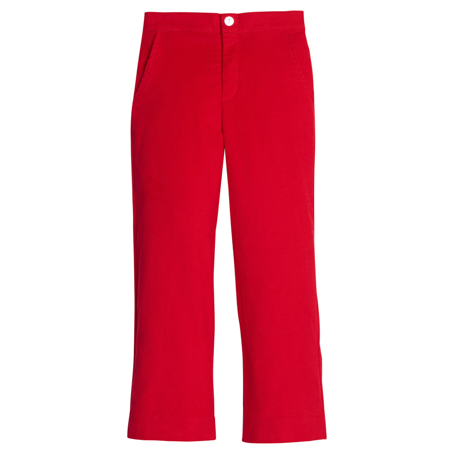 Little English classic pull on pants for little boys. Red corduroy pant with elastic waistband in back and faux button front.