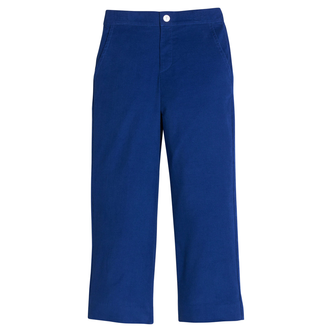 Little English classic pull on pants for little boys. Royal blue corduroy pant with elastic waistband in back and faux button front.