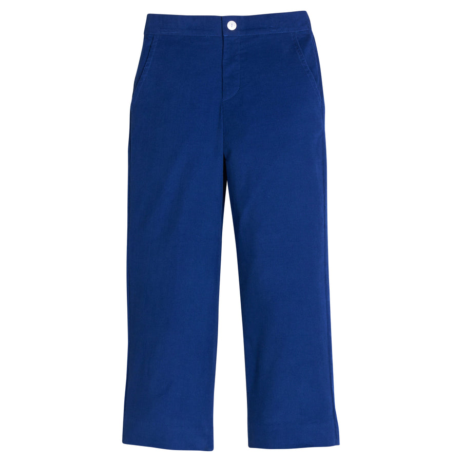 Little English classic pull on pants for little boys. Royal blue corduroy pant with elastic waistband in back and faux button front.