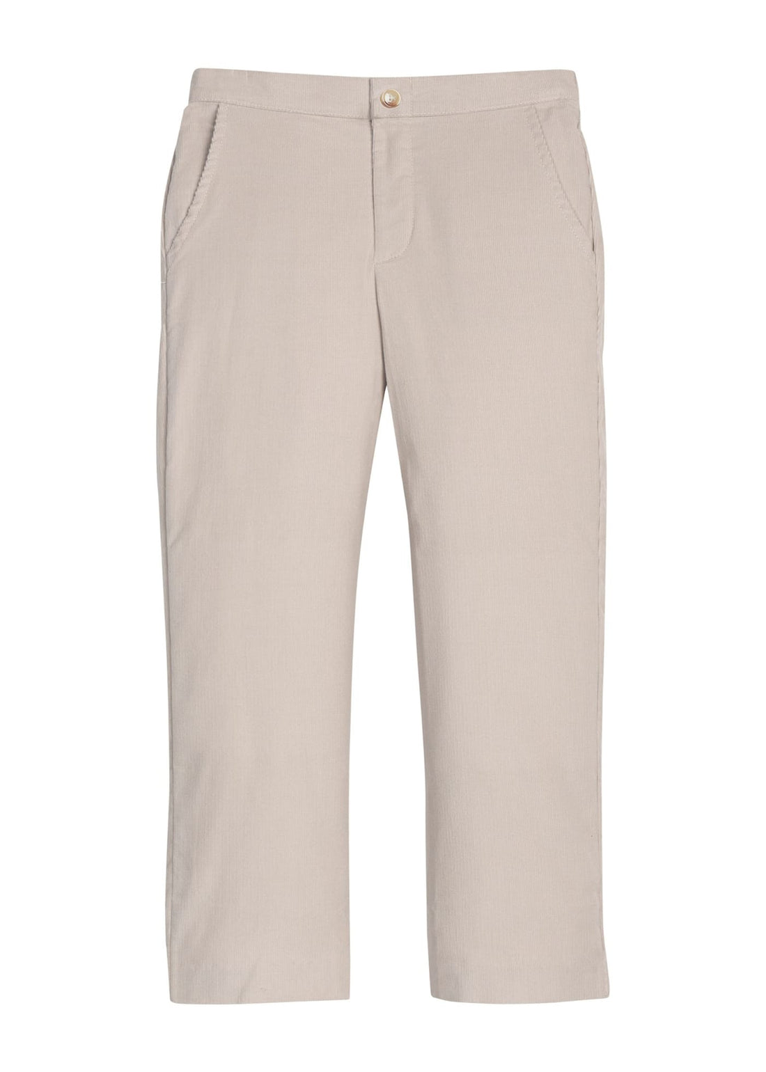 Little English classic pull on pants for little boys. Khaki corduroy pant with elastic waistband in back and faux button front.