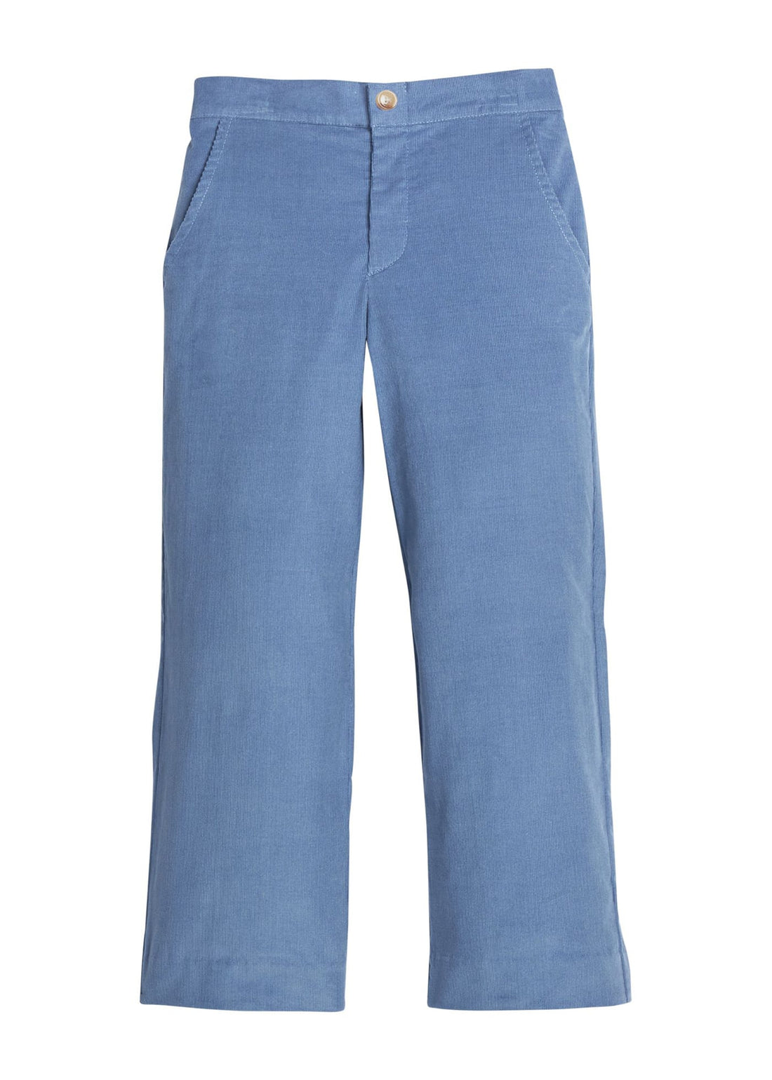 Little English classic pull on pants for little boys. Stormy blue corduroy pant with elastic waistband in back and faux button front.