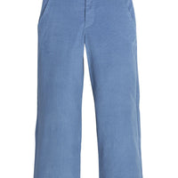 Little English classic pull on pants for little boys. Stormy blue corduroy pant with elastic waistband in back and faux button front.