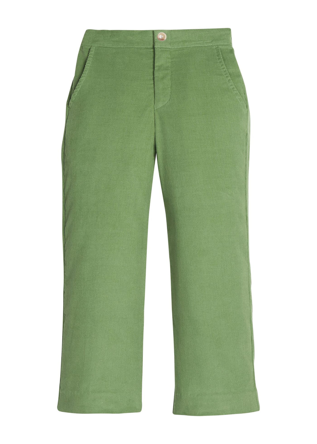Little English classic pull on pants for little boys. Watercress green corduroy pant with elastic waistband in back and faux button front.