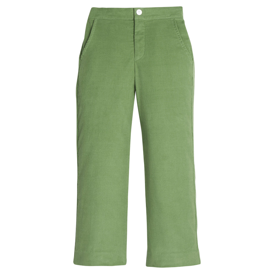 Little English classic pull on pants for little boys. Watercress green corduroy pant with elastic waistband in back and faux button front.