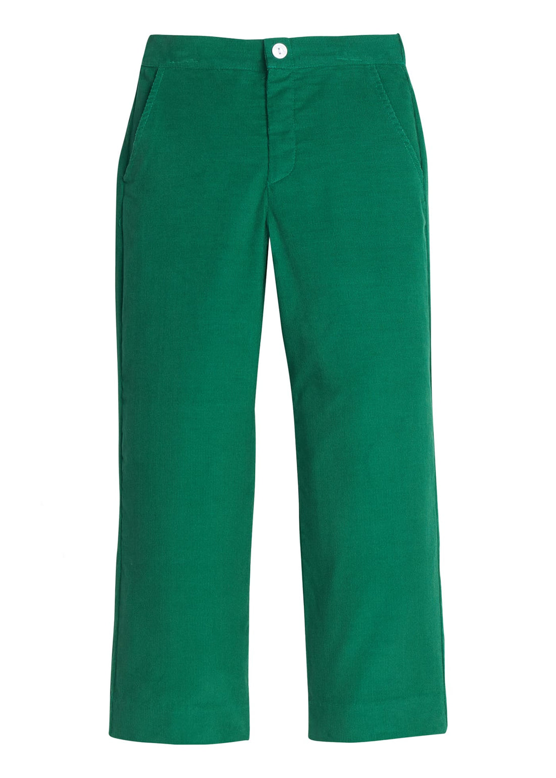 Little English classic pull on pants for little boys. Evergreen corduroy pant with elastic waistband in back and faux button front.