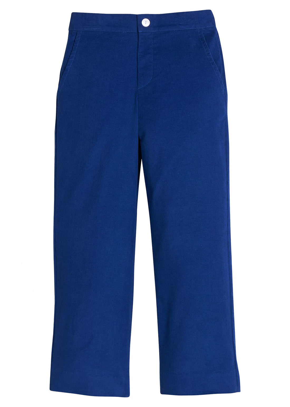 Little English classic pull on pants for little boys. Royal blue corduroy pant with elastic waistband in back and faux button front.