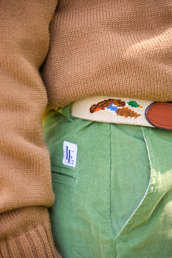 little english classic children's clothing boys chestnut brown quarter zip sweater, classic pant in watercress green corduroy, needlepoint belt with flying mallard motif, outfit for fall 