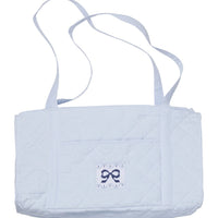Little English classic children's quilted luggage light blue duffle bag with navy bow embroidery