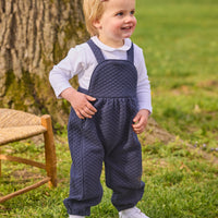 Little English classic children's clothing, quilted overall in navy, peter pan onesie in white, fall outfit for baby girl