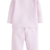 Little English traditional baby clothing, little girl's quilted sleep set in pink with white peter pan collar