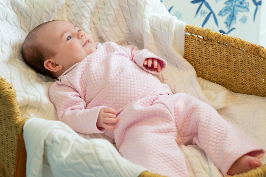 Little English traditional baby clothing, little girl's quilted sleep set in pink