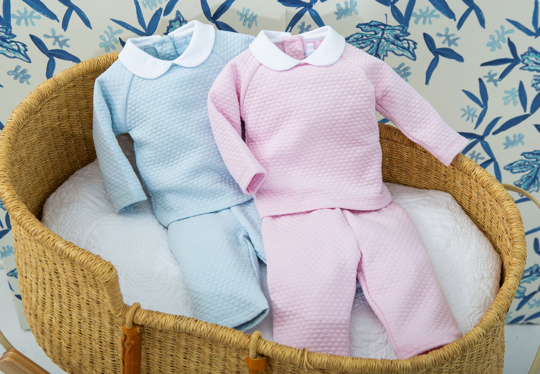 Little English traditional baby clothing, baby quilted sleep set in blue and pink