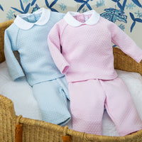Little English traditional baby clothing, baby quilted sleep set in blue and pink