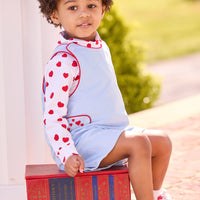 Little English, toddler boy's light blue John John with red piping and embroidered red hearts at the side tabs, printed turtleneck with heart pattern, outfit for Valentines