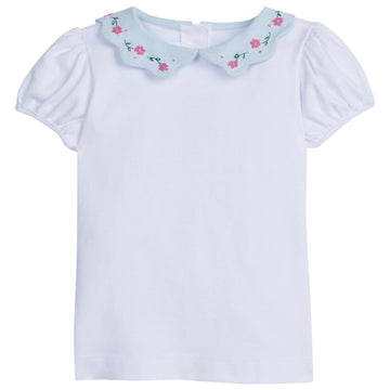 little english classic childrens clothing girls peter pan blouse with light blue collar and embroidered flowers