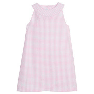 Little English traditional girl's clothing, light pink seersucker check halter dress for tweens