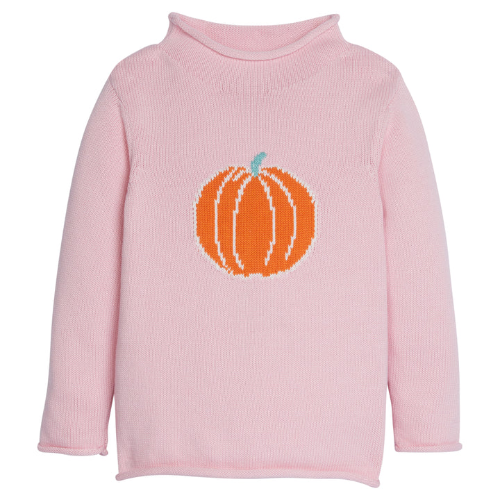 Little English light pink roll neck sweater with intarsia pumpkin for fall