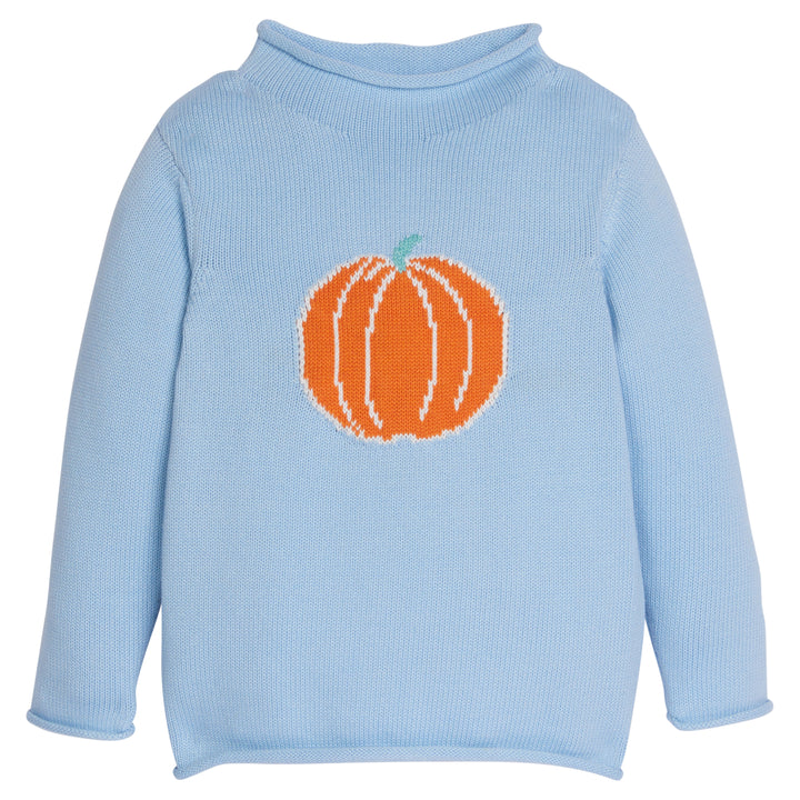 Little English light blue roll neck sweater with intarsia pumpkin for fall