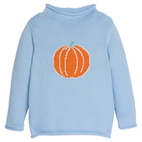 Little English light blue roll neck sweater with intarsia pumpkin for fall