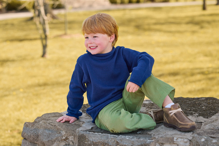 little english classic children's clothing navy roll neck sweater, Pull on pant in watercress corduroy, outfits for fall 