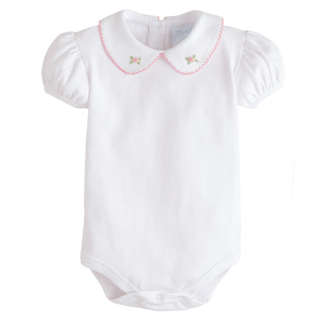 Little English classic baby girl clothing, onesie with pink pinpoint rose, traditional baby gift