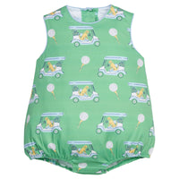 Little English traditional children's clothing.  Green golf cart print bubble for baby boys.