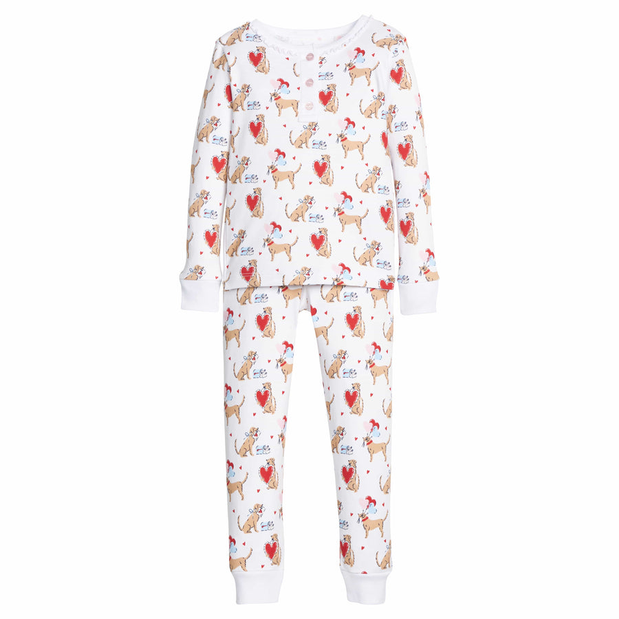 little english classic children's clothing girls long sleeve and pant pajamas with lab and red hearts all over print 