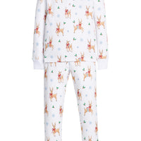little english classic children's clothing girls long sleeve and pant pajama set with all over reindeer print for holiday 