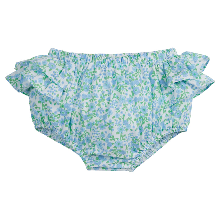 Little English traditional children's clothing, baby girl's classic ruffle diaper cover for Spring in blue and green floral print, Millbrook floral 