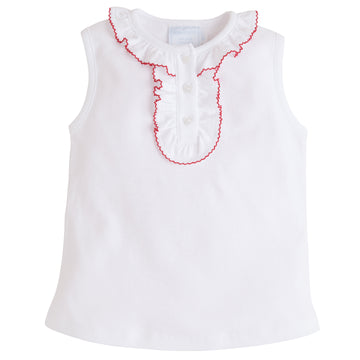 Little English classic children's clothing, toddler girl's knit top with ruffled collar and placket trimmed in red picot