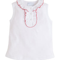 Little English classic children's clothing, toddler girl's knit top with ruffled collar and placket trimmed in red picot