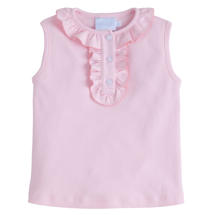 Little English classic children's clothing, toddler girl's pink knit top with ruffled collar and placket trimmed in pink picot
