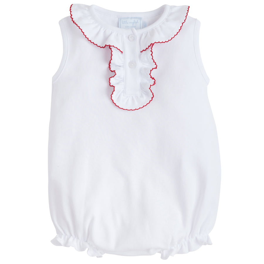 Little English classic children's clothing, baby girl's knit bubble with ruffled collar and placket trimmed in red picot