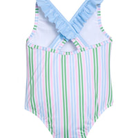 Little English traditional children's clothing. Pink, green, and blue striped swimsuit with blue ruffled top and for little girls