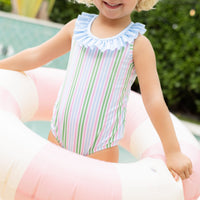 Little English traditional children's clothing. Pink, green, and blue striped swimsuit with blue ruffled top and for little girls