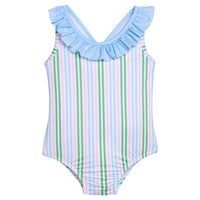 Little English traditional children's clothing. Pink, green, and blue striped swimsuit with blue ruffled top and for little girls