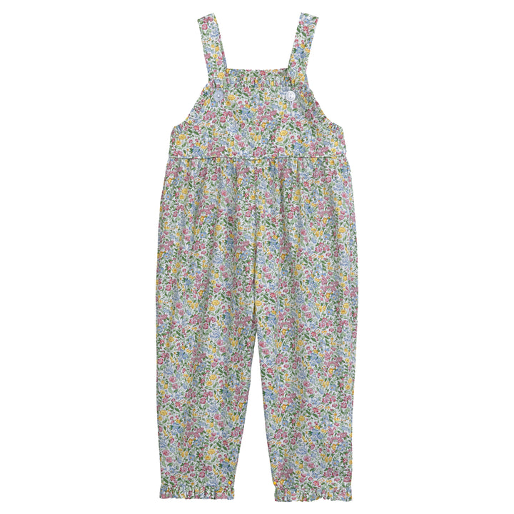 little english classic childrens clothing baby girls floral overall with ruffle detail on the chest and leg