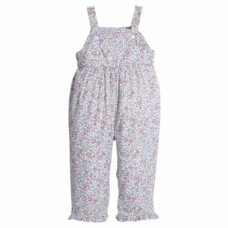 little english classic children's clothing girls lavender floral overall with ruffle bottom for fall 