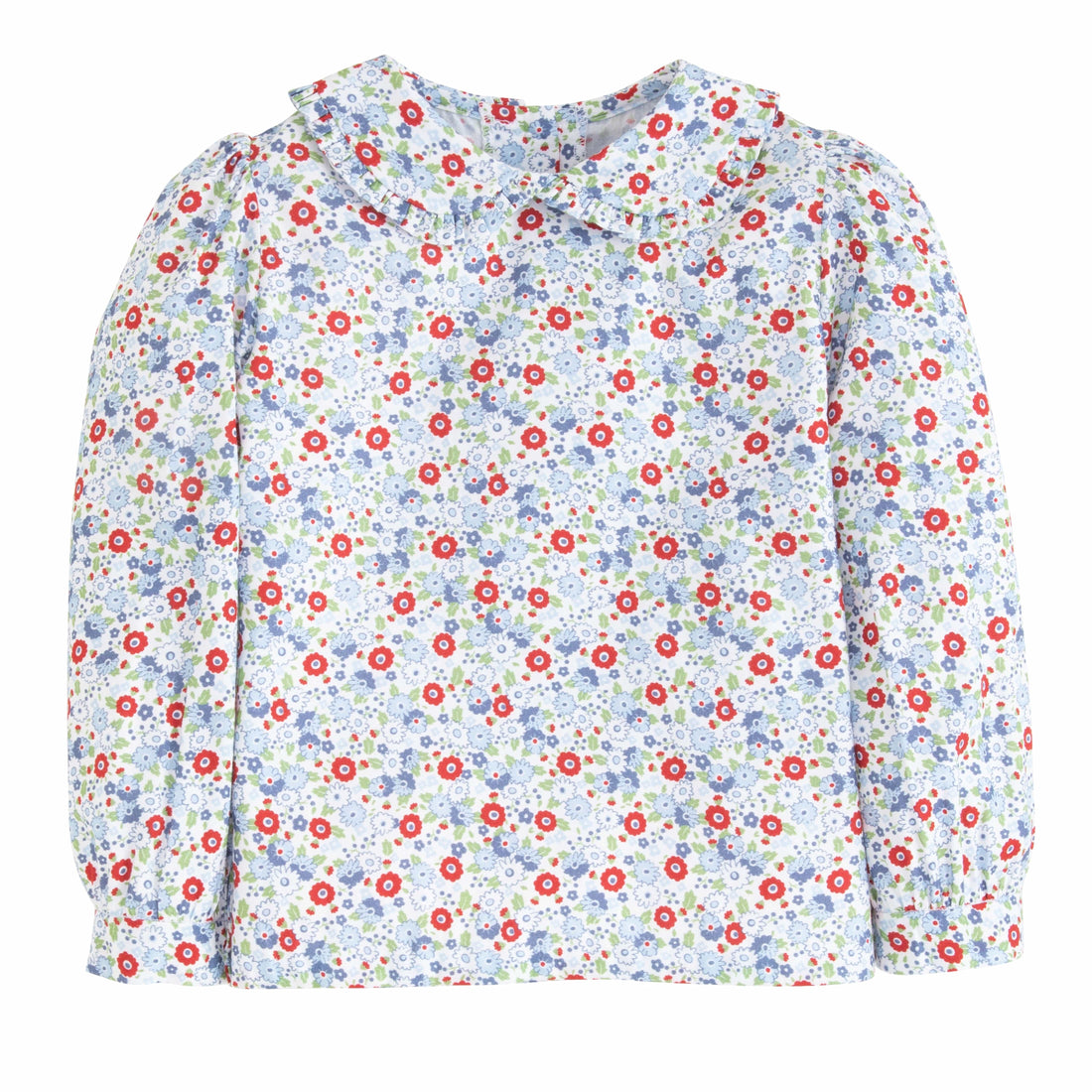 Little English classic kids clothing, girls blouse in red and blue floral pattern with ruffled peter pan collar