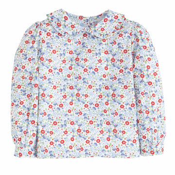 Little English classic kids clothing, girls blouse in red and blue floral pattern with ruffled peter pan collar