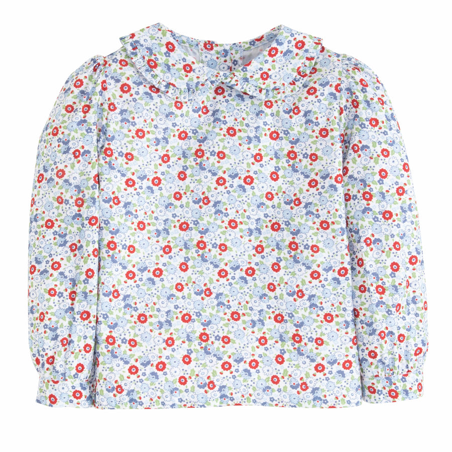 Little English classic kids clothing, girls blouse in red and blue floral pattern with ruffled peter pan collar