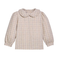 Little English traditional children's clothing.  Long sleeve ruffled peter pan blouse in tan and blue Durham Windowpane for girls