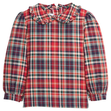 Little English traditional children's clothing.  Maroon, navy, and hunter green holiday plaid blouse with ruffled peter pan collar for girls for Fall.