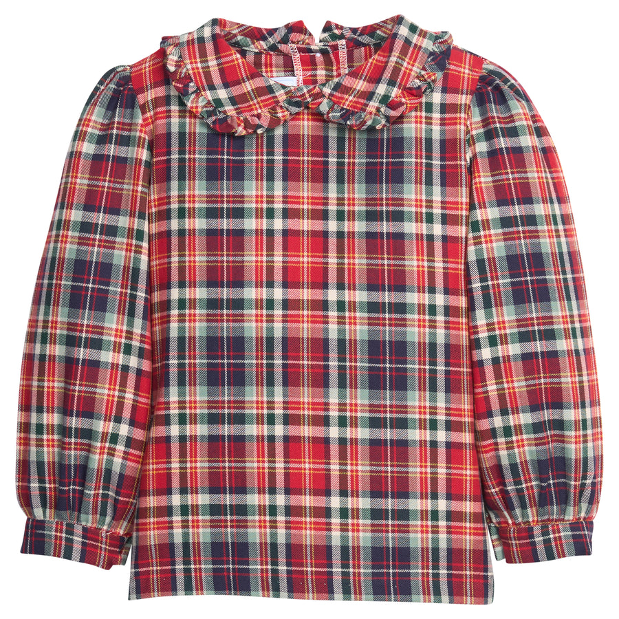 Little English traditional children's clothing.  Maroon, navy, and hunter green holiday plaid blouse with ruffled peter pan collar for girls for Fall.