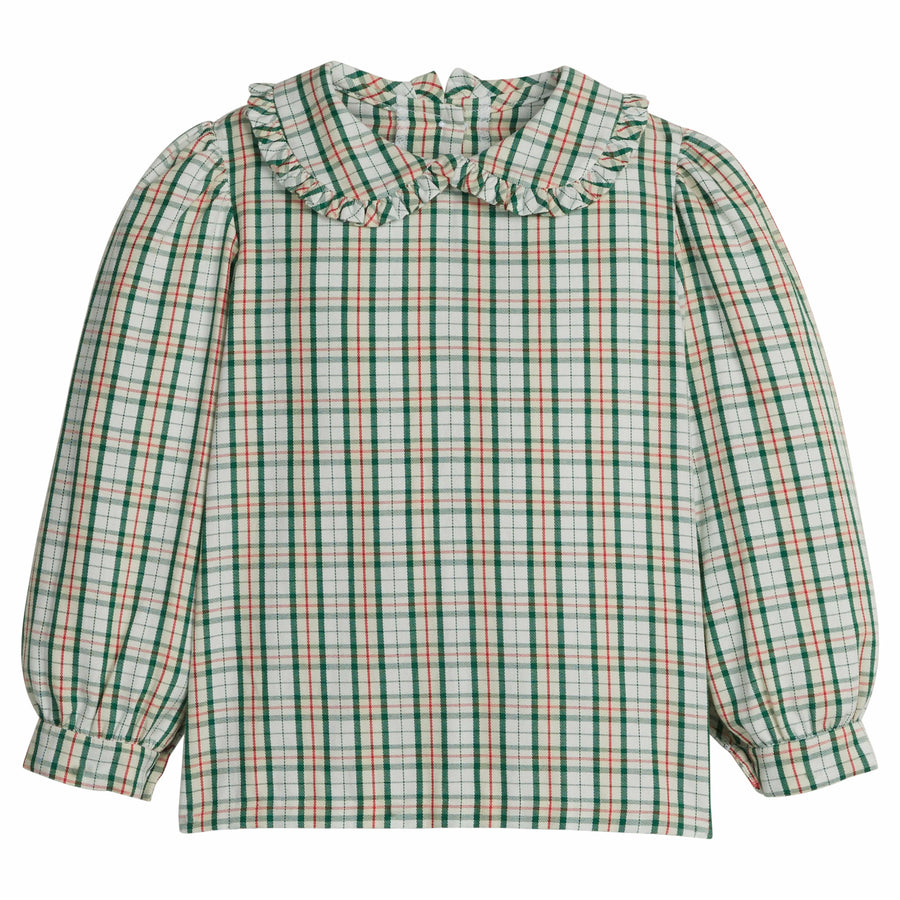 little english classic children's clothing girls long sleeve peter pan blouse in a cream, green, and red holiday plaid 